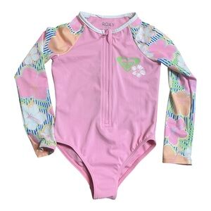 Roxy Girls' Pink Long Sleeve Floral Sleeve Rashguard Swimsuit beach swim surf